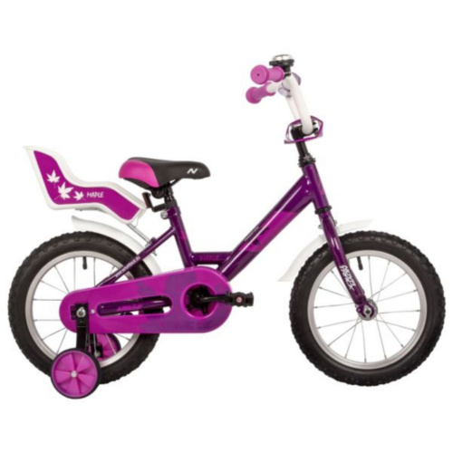 Фото выбрать и купить детский велосипед или подростковый, для девочки или мальчика, размеры 14 дюймов, 16 дюймов, горный, BMX, детский, трехколесный, со склада в СПб - детские велосипеды, велосипед novatrack 14" maple пурпурный, полная защита цепи, тормоз нож, сидение для куклы  в наличии - интернет-магазин Мастерская Тимура