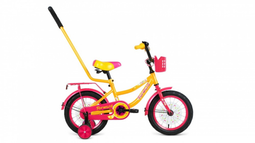 Фото выбрать и купить детский велосипед или подростковый, для девочки или мальчика, размеры 14 дюймов, 16 дюймов, горный, BMX, детский, трехколесный, со склада в СПб - детские велосипеды, велосипед forward funky 14 (2021) желтый / фиолетовый  в наличии - интернет-магазин Мастерская Тимура