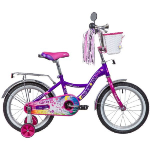 Фото выбрать и купить детский велосипед или подростковый, для девочки или мальчика, размеры 12 дюймов, 14 дюймов, 16 дюймов, 18 дюймов и 20 дюймов, горный, городской, фэтбайк, полуфэт, BMX, складной детский, трехколесный, со склада в СПб - детские велосипеды, велосипед novatrack 16", little girlzz, фиолетовый, тормоз нож., пер.корзина, зеркало, крылья и багажник  в наличии - интернет-магазин Мастерская Тимура