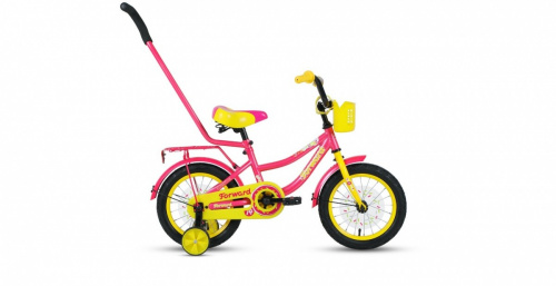 Фото выбрать и купить детский велосипед или подростковый, для девочки или мальчика, размеры 14 дюймов, 16 дюймов, горный, BMX, детский, трехколесный, со склада в СПб - детские велосипеды, велосипед forward funky 14 (2021) фиолетовый / желтый  в наличии - интернет-магазин Мастерская Тимура
