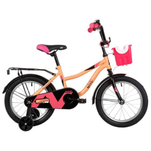 Фото выбрать и купить детский велосипед или подростковый, для девочки или мальчика, размеры 12 дюймов, 14 дюймов, 16 дюймов, 18 дюймов и 20 дюймов, горный, городской, фэтбайк, полуфэт, BMX, складной детский, трехколесный, со склада в СПб - детские велосипеды, велосипед novatrack 16" wind коралловый, полная защита цепи, ножной тормоз., крылья, багажник, пер.корзина  в наличии - интернет-магазин Мастерская Тимура