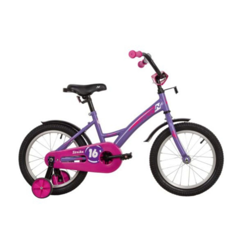 Фото выбрать и купить детский велосипед или подростковый, для девочки или мальчика, размеры 12 дюймов, 14 дюймов, 16 дюймов, 18 дюймов и 20 дюймов, горный, городской, фэтбайк, полуфэт, BMX, складной детский, трехколесный, со склада в СПб - детские велосипеды, велосипед novatrack 16" strike фиолетовый, тормоз нож, крылья корот, полная защита цепи  в наличии - интернет-магазин Мастерская Тимура