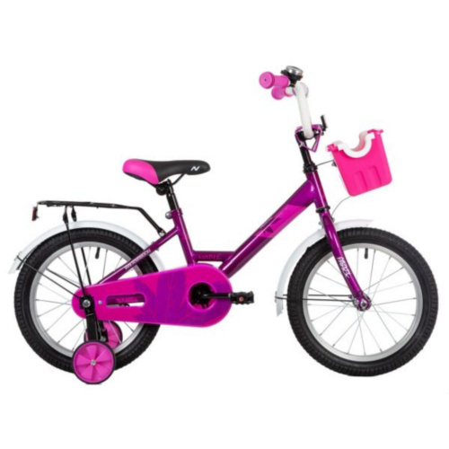 Фото выбрать и купить детский велосипед или подростковый, для девочки или мальчика, размеры 12 дюймов, 14 дюймов, 16 дюймов, 18 дюймов и 20 дюймов, горный, городской, фэтбайк, полуфэт, BMX, складной детский, трехколесный, со склада в СПб - детские велосипеды, велосипед novatrack 16" maple пурпурный, полная защита цепи, тормоз нож., багажник, пер.корзина  в наличии - интернет-магазин Мастерская Тимура