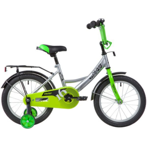 Фото выбрать и купить детский велосипед или подростковый, для девочки или мальчика, размеры 12 дюймов, 14 дюймов, 16 дюймов, 18 дюймов и 20 дюймов, горный, городской, фэтбайк, полуфэт, BMX, складной детский, трехколесный, со склада в СПб - детские велосипеды, велосипед novatrack 16" vector серебристый, тормоз нож, крылья, багажник, защита а-тип  в наличии - интернет-магазин Мастерская Тимура