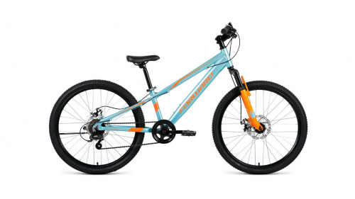 Фото выбрать и купить горный велосипед, горный двухподвес для подростка, BMX, полуфэт, фэтбайк, складной, детский велосипед для девочки или мальчика в СПб - большой выбор, размер колеса 20, 24, 26 и 27,5 дюйма, велосипед forward rise 24 2.0 disc (2020) sky blue/orange голубой/оранжевый, размер 11,5"  в наличии - интернет-магазин Мастерская Тимура
