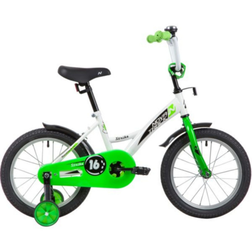 Фото выбрать и купить детский велосипед или подростковый, для девочки или мальчика, размеры 12 дюймов, 14 дюймов, 16 дюймов, 18 дюймов и 20 дюймов, горный, городской, фэтбайк, полуфэт, BMX, складной детский, трехколесный, со склада в СПб - детские велосипеды, велосипед novatrack 16" strike белый-зелёный, тормоз нож, крылья корот, полная защита цепи  в наличии - интернет-магазин Мастерская Тимура