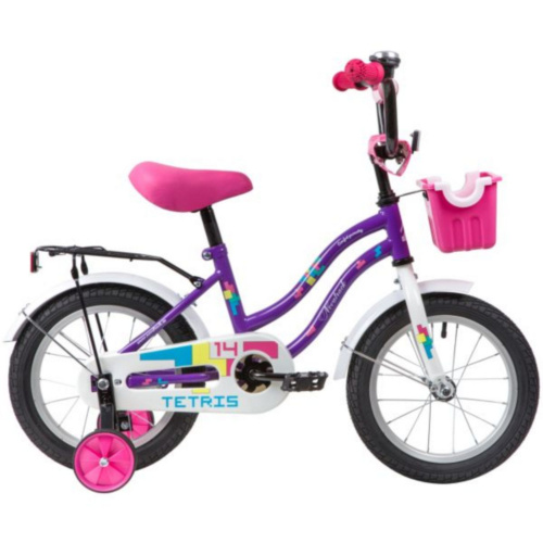 Фото выбрать и купить детский велосипед или подростковый, для девочки или мальчика, размеры 14 дюймов, 16 дюймов, горный, BMX, детский, трехколесный, со склада в СПб - детские велосипеды, велосипед novatrack 14" tetris фиолетовый, тормоз нож, крылья цвет, багажник, корзина, полная защ.цепи  в наличии - интернет-магазин Мастерская Тимура