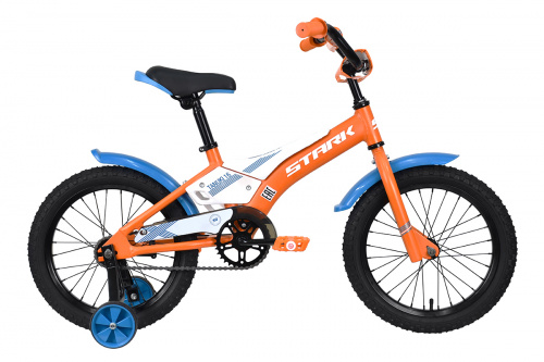 Фото выбрать и купить детский велосипед или подростковый, для девочки или мальчика, размеры 12 дюймов, 14 дюймов, 16 дюймов, 18 дюймов и 20 дюймов, горный, городской, фэтбайк, полуфэт, BMX, складной детский, трехколесный, со склада в СПб - детские велосипеды, велосипед stark tanuki 16 boy (2023) оранжевый/синий/белый  в наличии - интернет-магазин Мастерская Тимура