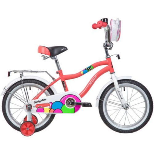 Фото выбрать и купить детский велосипед или подростковый, для девочки или мальчика, размеры 12 дюймов, 14 дюймов, 16 дюймов, 18 дюймов и 20 дюймов, горный, городской, фэтбайк, полуфэт, BMX, складной детский, трехколесный, со склада в СПб - детские велосипеды, велосипед novatrack 16", candy, коралловый, полная защита цепи, тормоз нож., сумочка на руль, крылья  в наличии - интернет-магазин Мастерская Тимура