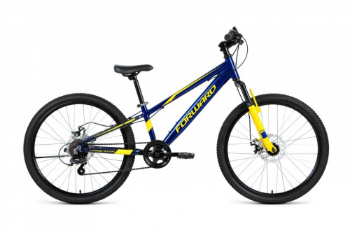 Фото выбрать и купить горный велосипед, горный двухподвес для подростка, BMX, полуфэт, фэтбайк, складной, детский велосипед для девочки или мальчика в СПб - большой выбор, размер колеса 20, 24, 26 и 27,5 дюйма, велосипед forward rise 24 2.0 disc (2021) темно-синий / желтый  в наличии - интернет-магазин Мастерская Тимура