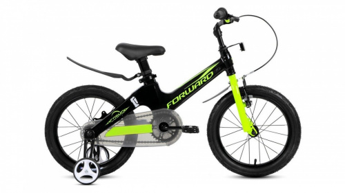 Фото выбрать и купить детский велосипед или подростковый, для девочки или мальчика, размеры 12 дюймов, 14 дюймов, 16 дюймов, 18 дюймов и 20 дюймов, горный, городской, фэтбайк, полуфэт, BMX, складной детский, трехколесный, со склада в СПб - детские велосипеды, велосипед forward cosmo 16 (2021) черный / зеленый  в наличии - интернет-магазин Мастерская Тимура