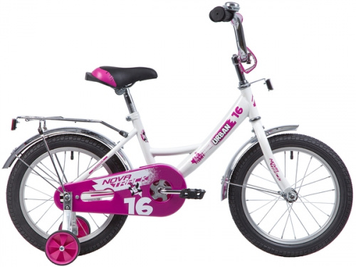 Фото выбрать и купить детский велосипед или подростковый, для девочки или мальчика, размеры 12 дюймов, 14 дюймов, 16 дюймов, 18 дюймов и 20 дюймов, горный, городской, фэтбайк, полуфэт, BMX, складной детский, трехколесный, со склада в СПб - детские велосипеды, велосипед novatrack 16", urban, белый, полная защита цепи, тормоз нож., крылья и багажник хром.,  в наличии - интернет-магазин Мастерская Тимура