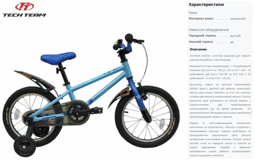 Фото выбрать и купить детский велосипед или подростковый, для девочки или мальчика, размеры 12 дюймов, 14 дюймов, 16 дюймов, 18 дюймов и 20 дюймов, горный, городской, фэтбайк, полуфэт, BMX, складной детский, трехколесный, со склада в СПб - детские велосипеды, велосипед tech team gulliver 16" alu (16" 1 ск.), синий (nn002610)  в наличии - интернет-магазин Мастерская Тимура