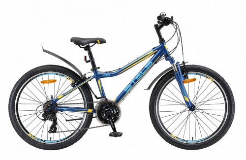 Фото выбрать и купить горный велосипед, горный двухподвес для подростка, BMX, полуфэт, фэтбайк, складной, детский велосипед для девочки или мальчика в СПб - большой выбор, размер колеса 20, 24, 26 и 27,5 дюйма, велосипед stels navigator 410 v 24 21 sp v010 (2019) тёмно-синий/жёлтый, размер 13"  в наличии - интернет-магазин Мастерская Тимура