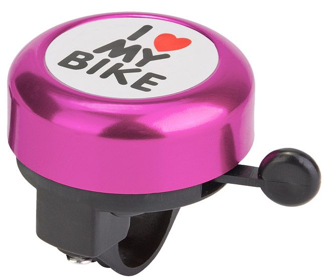 Фото выбрать и купить звонок 45ae-10 "i love my bike" алюминий/пластик, чёрно-розовый для велосипедов со склада в СПб - большой выбор для взрослого, звонок 45ae-10 "i love my bike" алюминий/пластик, чёрно-розовый для велосипедов в наличии - интернет-магазин Мастерская Тимура