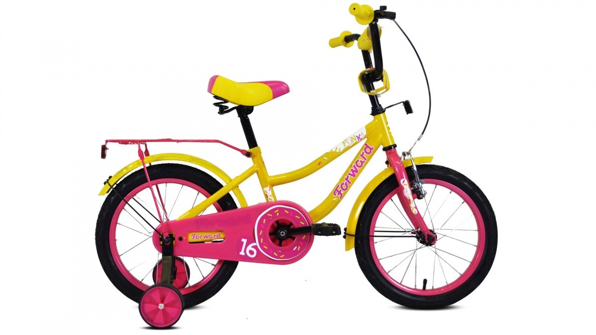 Фото выбрать и купить велосипед forward funky 16 (2021) желтый / фиолетовый детские в магазинах или со склада в СПб - большой выбор для взрослого и для детей, велосипед forward funky 16 (2021) желтый / фиолетовый детские в наличии - интернет-магазин Мастерская Тимура