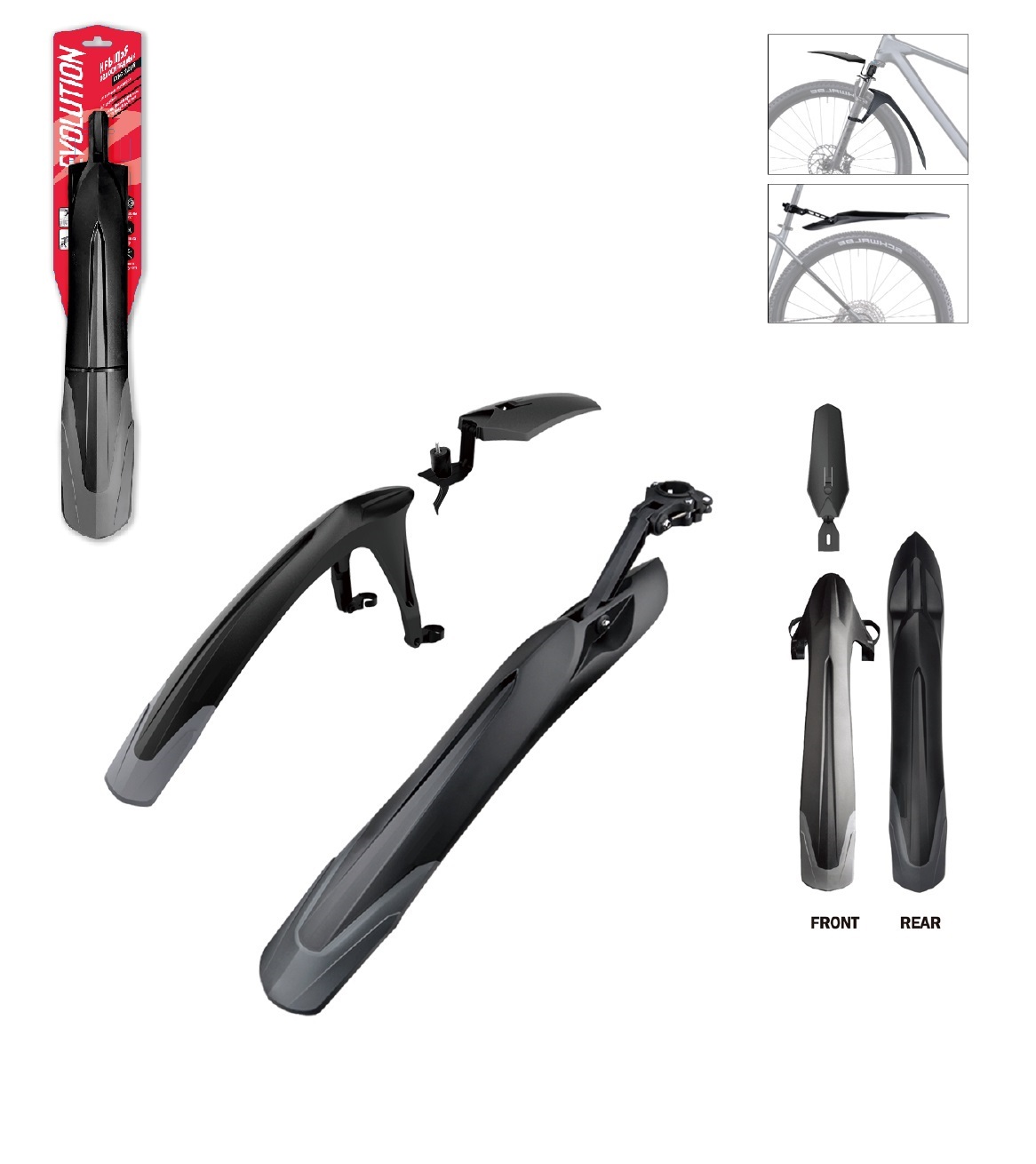 Фото выбрать и купить крылья evolution mtb 24-29", комплект передне/заднее, крепеж: переднее двусоставное на штаны вилки и в шток вилки, заднее за подседельный штырь; для покрышки max 2.5", пластиковые, серо-черные для велосипедов со склада в СПб - большой выбор для взрослого, крылья evolution mtb 24-29", комплект передне/заднее, крепеж: переднее двусоставное на штаны вилки и в шток вилки, заднее за подседельный штырь; для покрышки max 2.5", пластиковые, серо-черные для велосипедов в наличии - интернет-магазин Мастерская Тимура