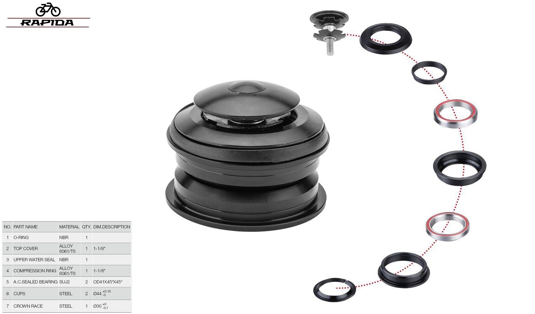 Фото выбрать и купить рулевая колонка 1-1/8'' полуинтегрированная на промах zs 44/30, промподшипники 41х45°x45°, qlp-st-t1 для велосипедов со склада в СПб - большой выбор для взрослого, запчасти для велосипедов в наличии - интернет-магазин Мастерская Тимура