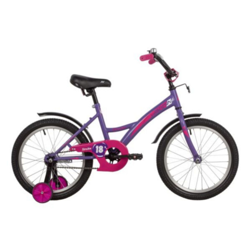 Фото выбрать и купить детский велосипед или подростковый, для девочки или мальчика, размеры 12 дюймов, 14 дюймов, 16 дюймов, 18 дюймов и 20 дюймов, горный, городской, фэтбайк, полуфэт, BMX, складной детский, трехколесный, со склада в СПб - детские велосипеды, велосипед novatrack 18" strike фиолетовый, тормоз нож, крылья корот, защита а-тип  в наличии - интернет-магазин Мастерская Тимура