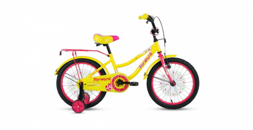 Фото выбрать и купить детский велосипед или подростковый, для девочки или мальчика, размеры 12 дюймов, 14 дюймов, 16 дюймов, 18 дюймов и 20 дюймов, горный, городской, фэтбайк, полуфэт, BMX, складной детский, трехколесный, со склада в СПб - детские велосипеды, велосипед forward funky 18 (2021) желтый / фиолетовый  в наличии - интернет-магазин Мастерская Тимура
