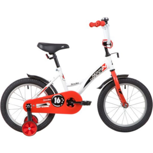 Фото выбрать и купить детский велосипед или подростковый, для девочки или мальчика, размеры 12 дюймов, 14 дюймов, 16 дюймов, 18 дюймов и 20 дюймов, горный, городской, фэтбайк, полуфэт, BMX, складной детский, трехколесный, со склада в СПб - детские велосипеды, велосипед novatrack 16" strike белый-красный, тормоз нож, крылья корот, полная защита цепи  в наличии - интернет-магазин Мастерская Тимура