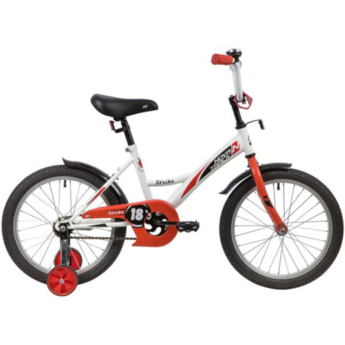 Фото выбрать и купить детский велосипед или подростковый, для девочки или мальчика, размеры 12 дюймов, 14 дюймов, 16 дюймов, 18 дюймов и 20 дюймов, горный, городской, фэтбайк, полуфэт, BMX, складной детский, трехколесный, со склада в СПб - детские велосипеды, велосипед novatrack 18" strike белый-красный, тормоз нож, крылья корот, защита а-тип  в наличии - интернет-магазин Мастерская Тимура