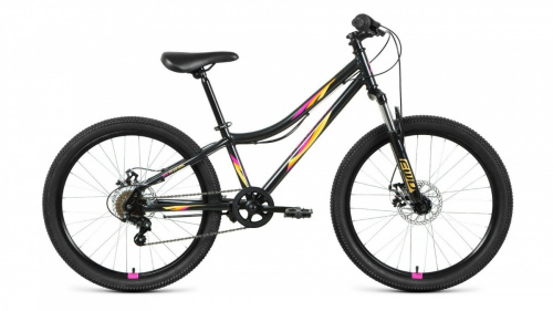Фото выбрать и купить горный велосипед, горный двухподвес для подростка, BMX, полуфэт, фэтбайк, складной, детский велосипед для девочки или мальчика в СПб - большой выбор, размер колеса 20, 24, 26 и 27,5 дюйма, велосипед forward iris 24 2.0 disc (2021) черный / оранжевый  в наличии - интернет-магазин Мастерская Тимура