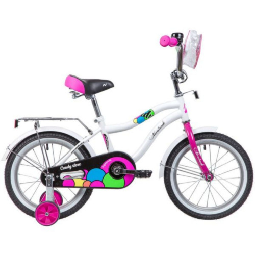 Фото выбрать и купить детский велосипед или подростковый, для девочки или мальчика, размеры 12 дюймов, 14 дюймов, 16 дюймов, 18 дюймов и 20 дюймов, горный, городской, фэтбайк, полуфэт, BMX, складной детский, трехколесный, со склада в СПб - детские велосипеды, велосипед novatrack 16", candy, белый, полная защита цепи, тормоз нож., сумочка на руль, крылья и ба  в наличии - интернет-магазин Мастерская Тимура