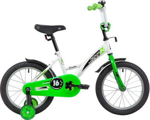 Фото выбрать и купить детский велосипед или подростковый, для девочки или мальчика, размеры 12 дюймов, 14 дюймов, 16 дюймов, 18 дюймов и 20 дюймов, горный, городской, фэтбайк, полуфэт, BMX, складной детский, трехколесный, со склада в СПб - детские велосипеды, велосипед novatrack 16" strike белый-зелёный, тормоз нож, крылья, багажник, полная защита цепи  в наличии - интернет-магазин Мастерская Тимура