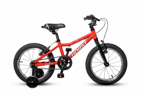 Фото выбрать и купить детский велосипед или подростковый, для девочки или мальчика, размеры 12 дюймов, 14 дюймов, 16 дюймов, 18 дюймов и 20 дюймов, горный, городской, фэтбайк, полуфэт, BMX, складной детский, трехколесный, со склада в СПб - детские велосипеды, велосипед horst scout 16 (2021) красный/черный/белый  в наличии - интернет-магазин Мастерская Тимура