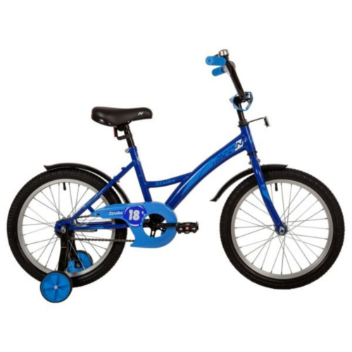 Фото выбрать и купить детский велосипед или подростковый, для девочки или мальчика, размеры 12 дюймов, 14 дюймов, 16 дюймов, 18 дюймов и 20 дюймов, горный, городской, фэтбайк, полуфэт, BMX, складной детский, трехколесный, со склада в СПб - детские велосипеды, велосипед novatrack 18" strike синий, тормоз нож, крылья корот, защита а-тип  в наличии - интернет-магазин Мастерская Тимура