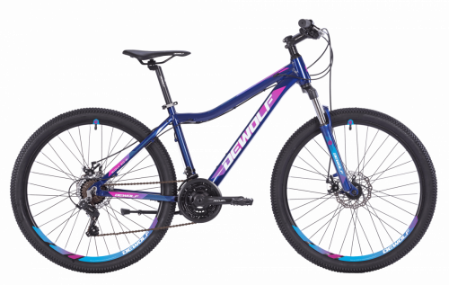 Фото выбрать и купить горный велосипед, полуфэт, трейловый, женский или унисекс, с доставкой, в магазине или со склада в СПб - большой выбор для взрослого 26, 27,5, 28, 29 дюйма, рама материал алюминий, карбон, сталь, хроммолибден, велосипед dewolf ridly 20 w (2021) темно-синий, размер 16"  в наличии - интернет-магазин Мастерская Тимура