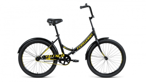 Фото выбрать и купить горный или городской велосипед, туристический, складной, со склада в СПб - большой выбор для взрослого, размеры 14, 16, 20, 22, 24, 26, 28 дюймов, детские велосипеды, велосипед forward valencia 24 x (2020) чёрный/золотой  в наличии - интернет-магазин Мастерская Тимура