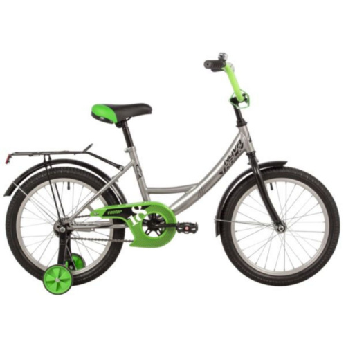 Фото выбрать и купить детский велосипед или подростковый, для девочки или мальчика, размеры 12 дюймов, 14 дюймов, 16 дюймов, 18 дюймов и 20 дюймов, горный, городской, фэтбайк, полуфэт, BMX, складной детский, трехколесный, со склада в СПб - детские велосипеды, велосипед novatrack 18" vector серебристый, защита а-тип, тормоз нож., крылья и багажник чёрн.  в наличии - интернет-магазин Мастерская Тимура
