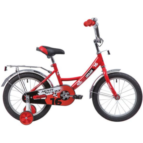Фото выбрать и купить детский велосипед или подростковый, для девочки или мальчика, размеры 12 дюймов, 14 дюймов, 16 дюймов, 18 дюймов и 20 дюймов, горный, городской, фэтбайк, полуфэт, BMX, складной детский, трехколесный, со склада в СПб - детские велосипеды, велосипед novatrack 16", urban, красный, полная защита цепи, тормоз нож., крылья и багажник хром.,  в наличии - интернет-магазин Мастерская Тимура