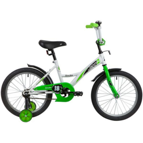 Фото выбрать и купить детский велосипед или подростковый, для девочки или мальчика, размеры 12 дюймов, 14 дюймов, 16 дюймов, 18 дюймов и 20 дюймов, горный, городской, фэтбайк, полуфэт, BMX, складной детский, трехколесный, со склада в СПб - детские велосипеды, велосипед novatrack 18" strike белый-зелёный, тормоз нож, крылья корот, защита а-тип  в наличии - интернет-магазин Мастерская Тимура