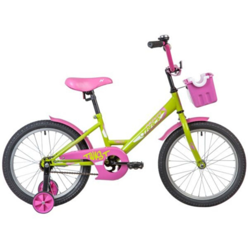 Фото выбрать и купить детский велосипед или подростковый, для девочки или мальчика, размеры 12 дюймов, 14 дюймов, 16 дюймов, 18 дюймов и 20 дюймов, горный, городской, фэтбайк, полуфэт, BMX, складной детский, трехколесный, со склада в СПб - детские велосипеды, велосипед novatrack 18" twist зелёный, тормоз нож, крылья корот, корзина, защита а-тип  в наличии - интернет-магазин Мастерская Тимура
