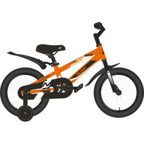 Фото выбрать и купить детский велосипед или подростковый, для девочки или мальчика, размеры 14 дюймов, 16 дюймов, горный, BMX, детский, трехколесный, со склада в СПб - детские велосипеды, велосипед novatrack 14", juster, оранжевый, тормоз ножной, полная защита цепи, чёрные крылья  в наличии - интернет-магазин Мастерская Тимура