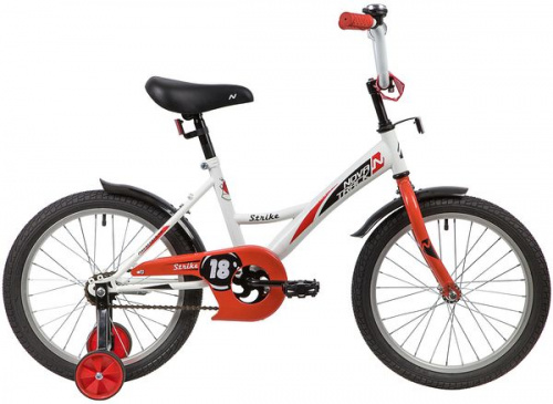 Фото выбрать и купить детский велосипед или подростковый, для девочки или мальчика, размеры 12 дюймов, 14 дюймов, 16 дюймов, 18 дюймов и 20 дюймов, горный, городской, фэтбайк, полуфэт, BMX, складной детский, трехколесный, со склада в СПб - детские велосипеды, велосипед novatrack 18" strike белый-красный, тормоз нож, крылья, багажник, защита а-тип  в наличии - интернет-магазин Мастерская Тимура