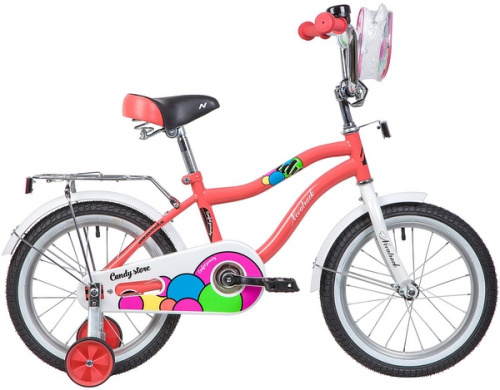 Фото выбрать и купить детский велосипед или подростковый, для девочки или мальчика, размеры 12 дюймов, 14 дюймов, 16 дюймов, 18 дюймов и 20 дюймов, горный, городской, фэтбайк, полуфэт, BMX, складной детский, трехколесный, со склада в СПб - детские велосипеды, велосипед novatrack 16", candy, коралловый, полная защита цепи, тормоз нож., сумочка на руль, крылья и багажник хром.,  в наличии - интернет-магазин Мастерская Тимура