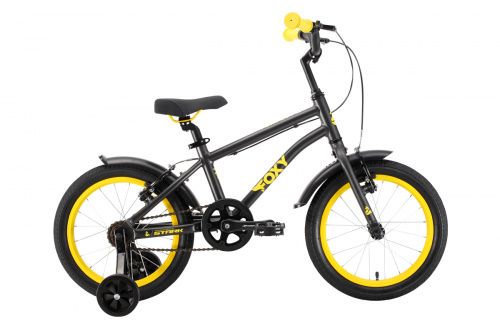 Фото выбрать и купить детский велосипед или подростковый, для девочки или мальчика, размеры 12 дюймов, 14 дюймов, 16 дюймов, 18 дюймов и 20 дюймов, горный, городской, фэтбайк, полуфэт, BMX, складной детский, трехколесный, со склада в СПб - детские велосипеды, велосипед stark foxy boy 16 (2022) черный/желтый  в наличии - интернет-магазин Мастерская Тимура