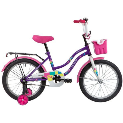 Фото выбрать и купить детский велосипед или подростковый, для девочки или мальчика, размеры 12 дюймов, 14 дюймов, 16 дюймов, 18 дюймов и 20 дюймов, горный, городской, фэтбайк, полуфэт, BMX, складной детский, трехколесный, со склада в СПб - детские велосипеды, велосипед novatrack 18",tetris фиолетовый, тормоз нож, крылья цвет, багажник, корзина, защита а-тип  в наличии - интернет-магазин Мастерская Тимура