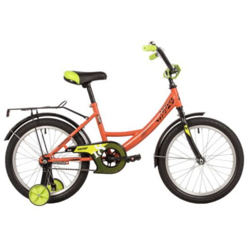 Фото выбрать и купить детский велосипед или подростковый, для девочки или мальчика, размеры 12 дюймов, 14 дюймов, 16 дюймов, 18 дюймов и 20 дюймов, горный, городской, фэтбайк, полуфэт, BMX, складной детский, трехколесный, со склада в СПб - детские велосипеды, велосипед novatrack 18" vector оранжевый, защита а-тип, тормоз нож., крылья и багажник чёрн.  в наличии - интернет-магазин Мастерская Тимура